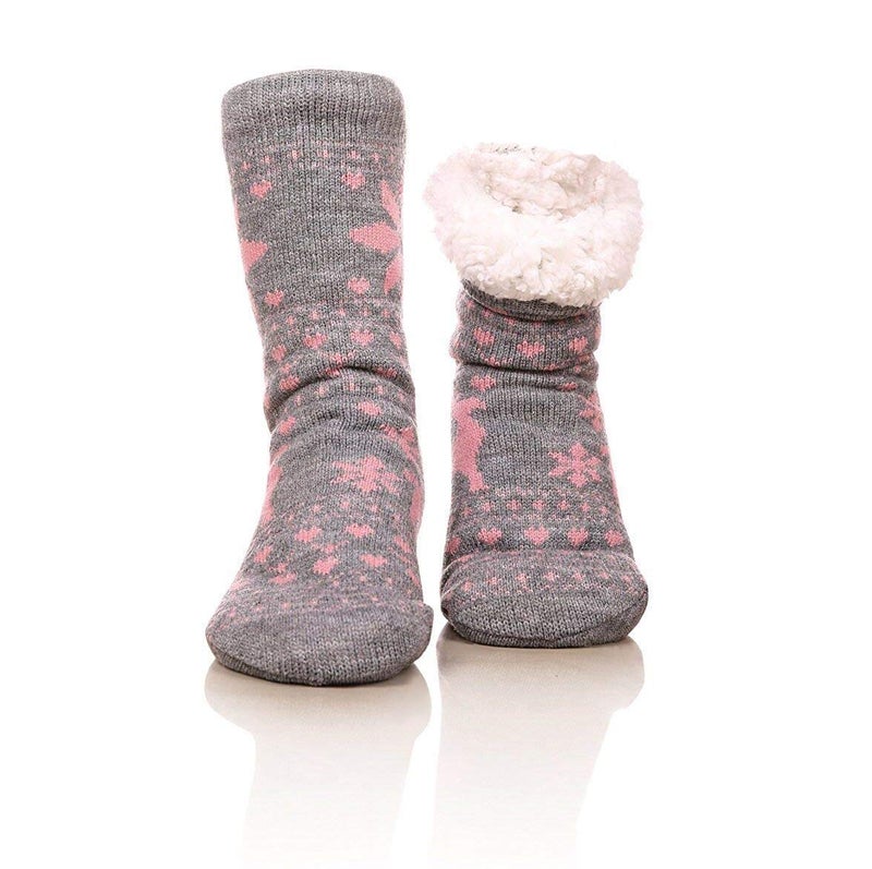 FRALOSHA Fuzzy Warm Slipper Socks Women Winter floor Socks Super Soft lined with Grippers reading Socks Cozy Sleeping Reindeer Sock (Pink) - Image 1